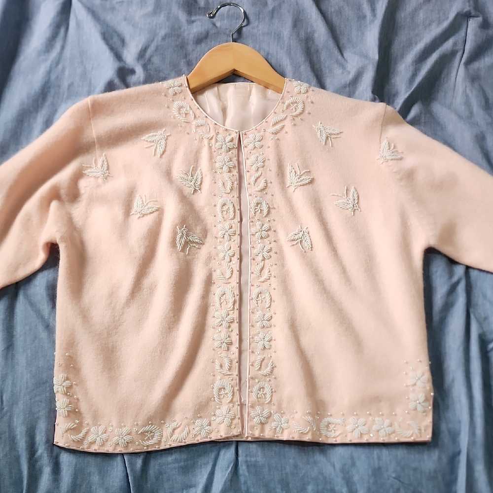 Original Vintage Beaded Pink Cardigan